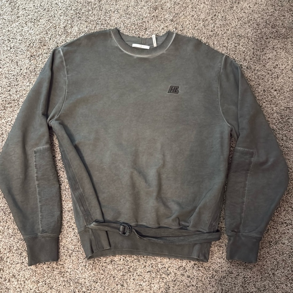 Helmut Lang Alpine Green Military Distressed Crew Sweatshirt